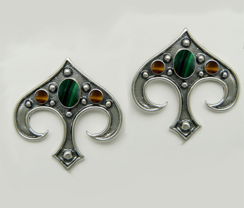 Sterling Silver Gothic Inspired Drop Dangle Earrings With Malachite And Tiger Eye